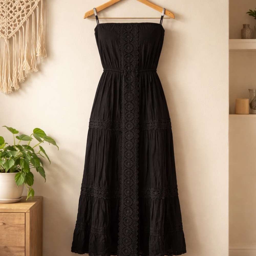 Black Strapless Maxi Dress Size Small Boho Cottagecore Tiered Lace Summer Formal